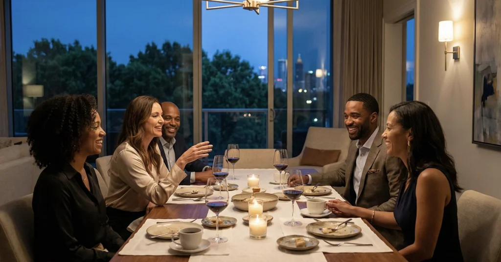 Residents enjoying an intimate private dining experience inside Elyse Buckhead residence