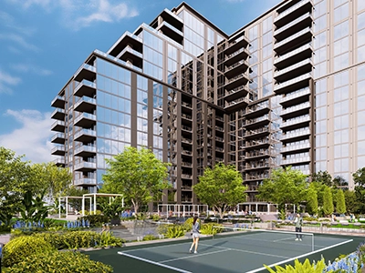 Residents playing pickleball on landscaped outdoor amenity terrace at Elyse Buckhead