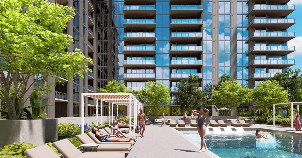 Residents relaxing by the resort-style swimming pool at Elyse Buckhead