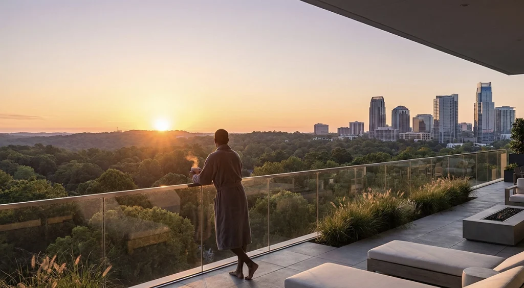 Resident standing on terrace overlooking treetops and Buckhead skyline at sunset