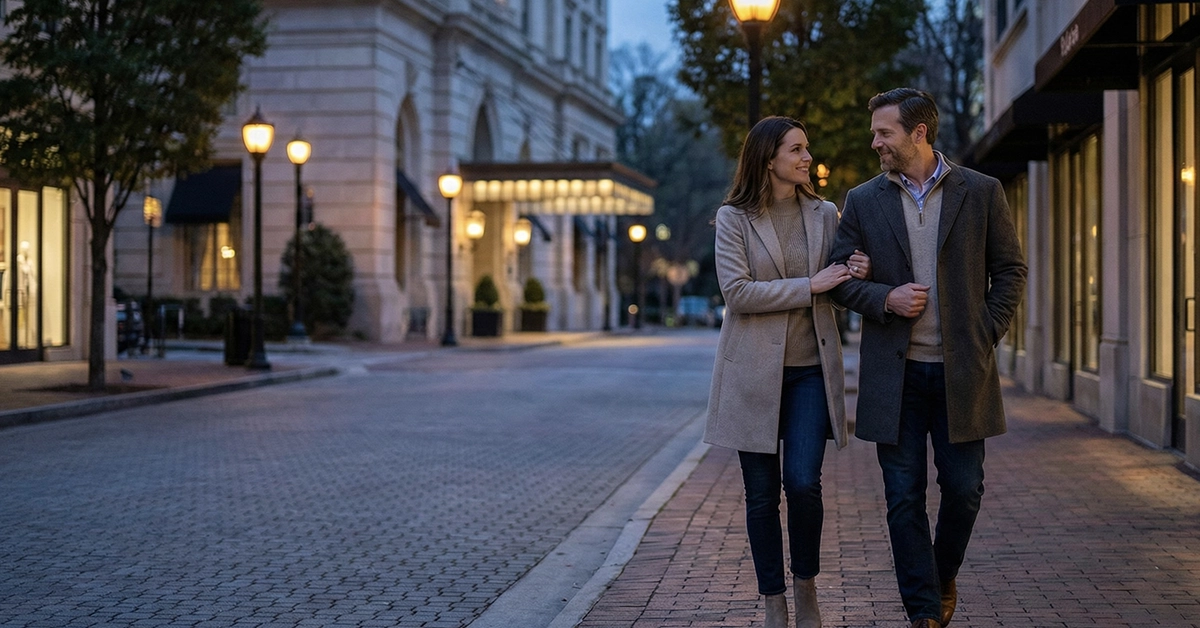 Couple walking along a walkable Buckhead Village street near Elyse Buckhead
