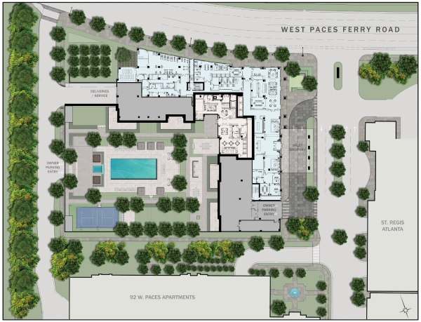Illustrated site plan showing building footprints, pool, pickleball court, and landscaped areas.
