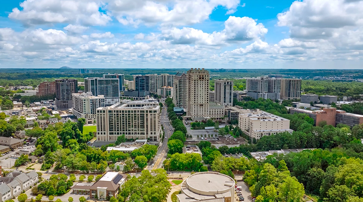 Aerial view of Buckhead Atlanta skyline and residential district near West Paces Ferry Road
