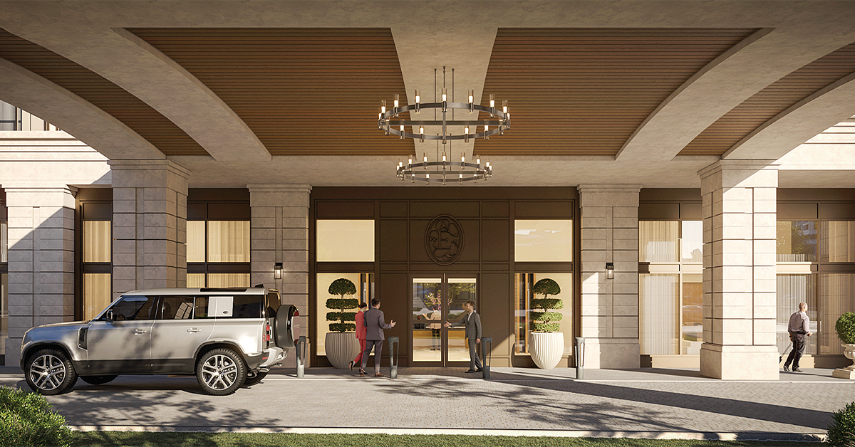 Luxury building entrance with arched ceiling and parked SUV.