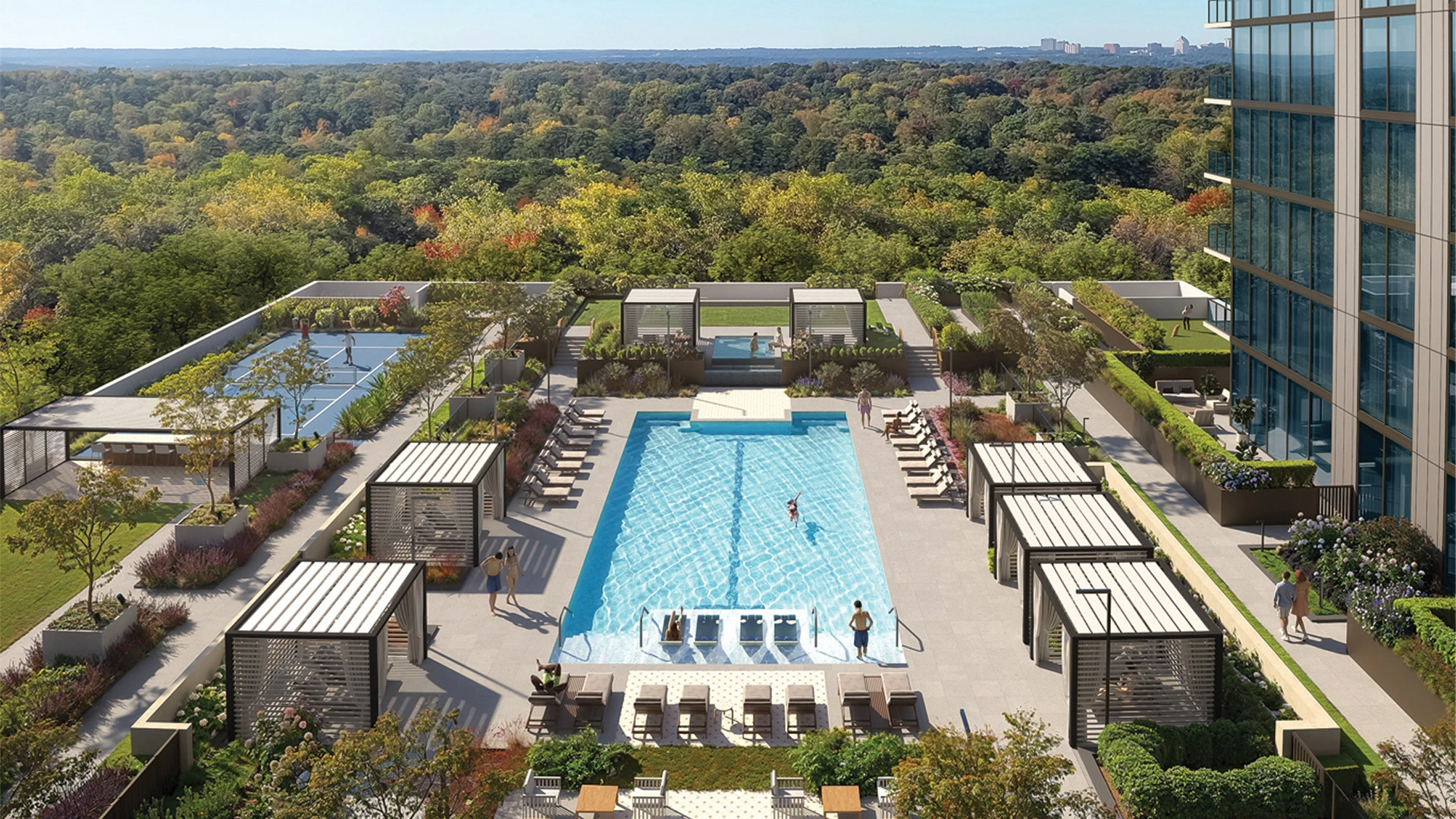 aerial view of the Elyse Buckhead pool and the atlanta views