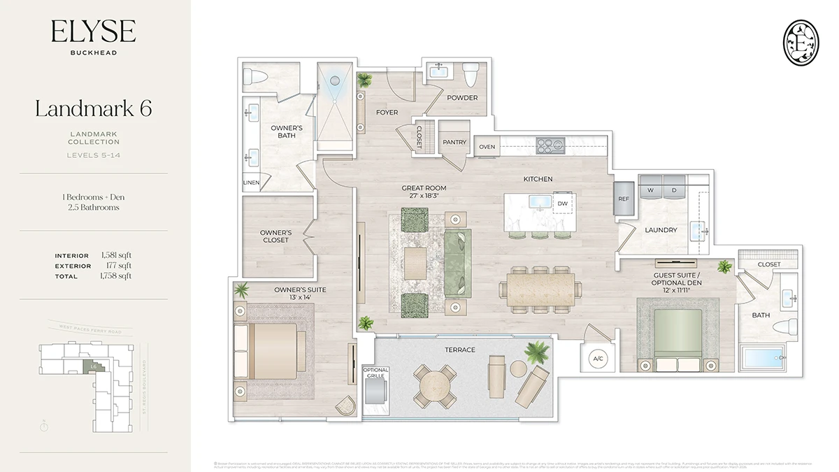 One-bedroom plus den condo floor plan with kitchen, terrace, and owner suite layout