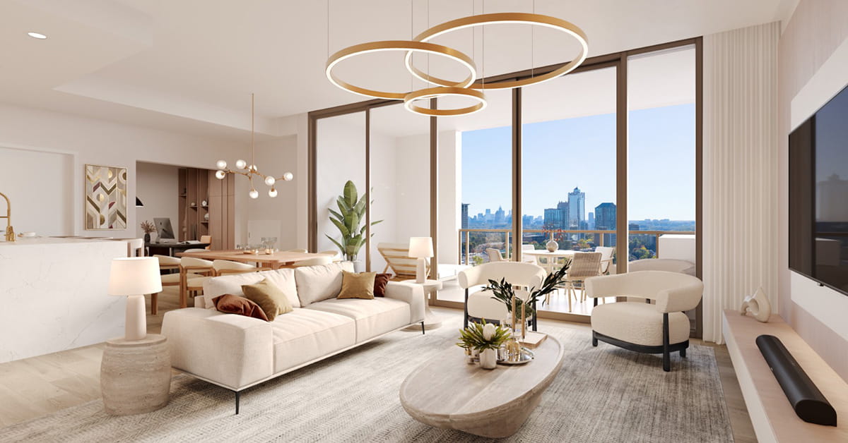 Open living room with kitchen and terrace overlooking city skyline