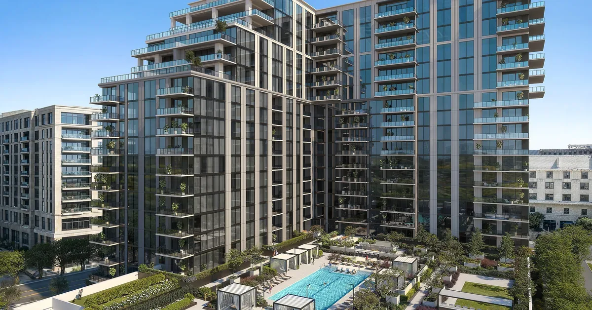 Modern luxury residential complex featuring high-rise apartment towers with glass facades, outdoor swimming pool, tennis court, and landscaped amenities.