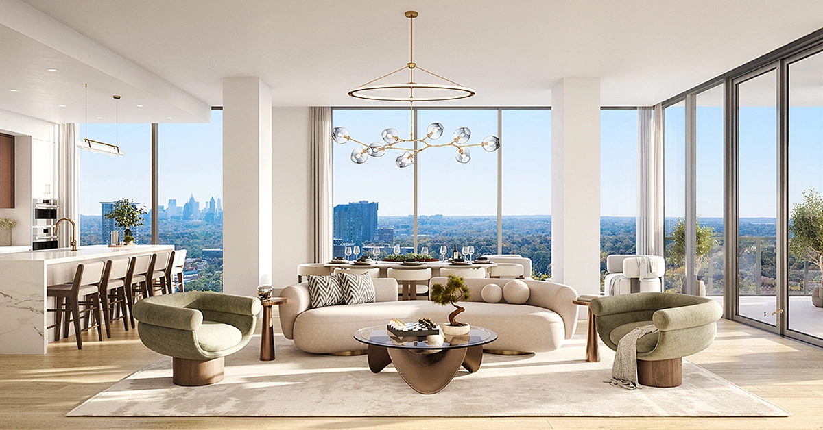 Modern luxury apartment interior featuring open-plan living with floor-to-ceiling windows, designer furniture, and panoramic city skyline views.