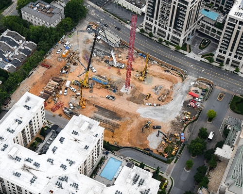 Full aerial overview of Elyse Buckhead construction progress in the Buckhead district.