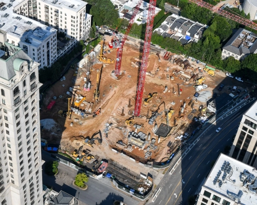 Aerial construction progress at Elyse Buckhead development site in Buckhead Atlanta