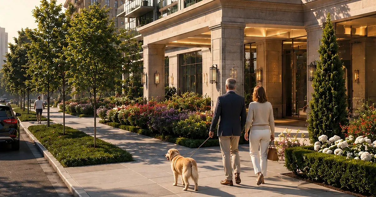 A well-dressed couple walks their golden retriever along the manicured entrance of a luxury high-rise residential building at golden hour.