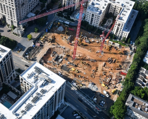 Aerial construction progress at Elyse Buckhead development site in Buckhead Atlanta