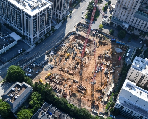 Aerial construction progress at Elyse Buckhead development site in Buckhead Atlanta