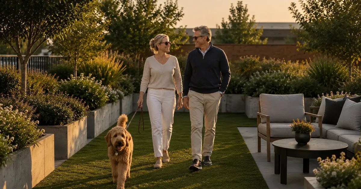 Couple Walking Dog At Dog Park