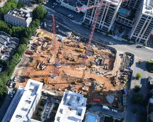 Aerial construction progress at Elyse Buckhead development site in Buckhead Atlanta