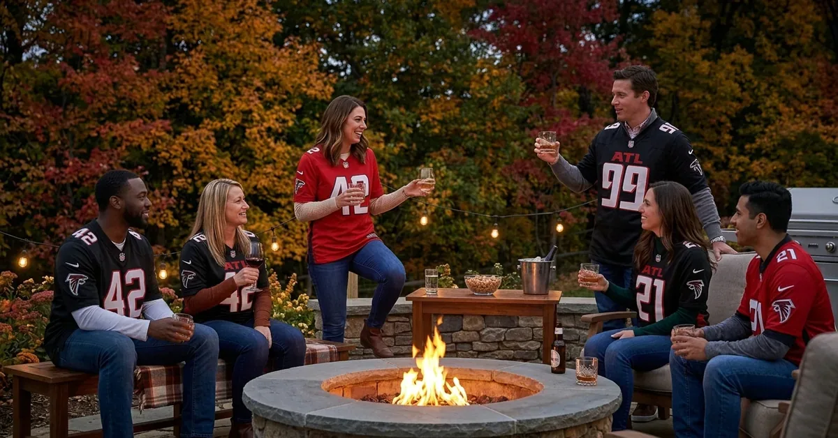 Friends wearing Atlanta Falcons jerseys gather around a stone fire pit on a cozy outdoor patio surrounded by vibrant fall foliage.
